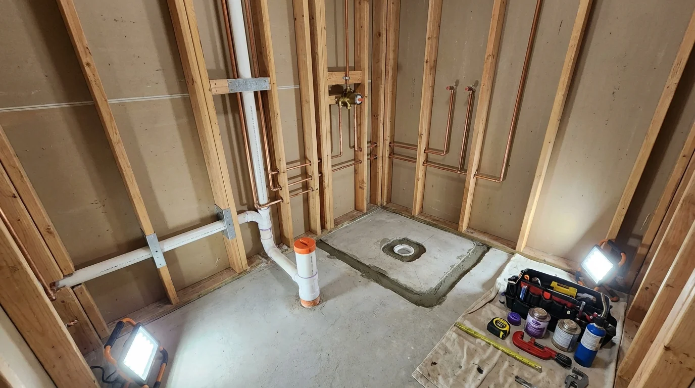 Bathroom rough-in plumbing during remodel by Johns Plumbing LLC in Belle Chasse