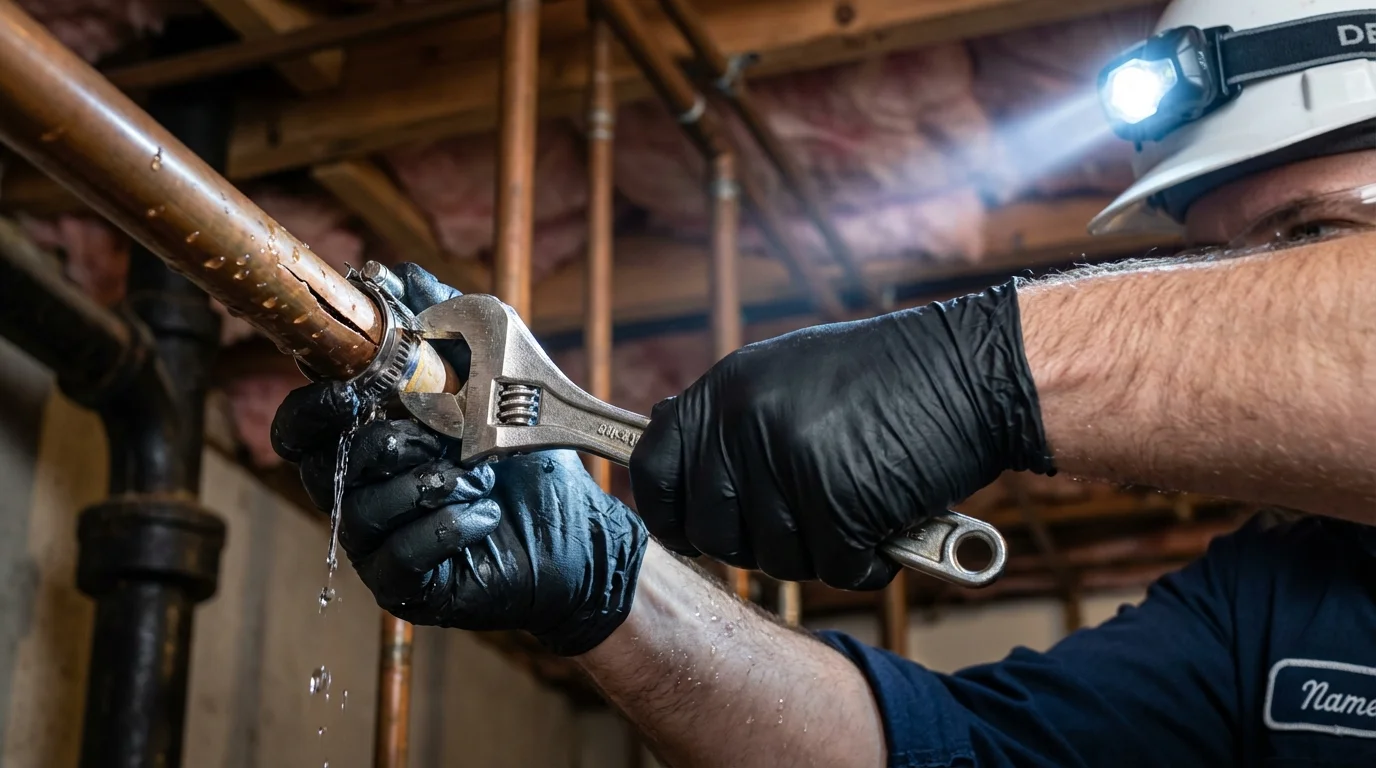 Emergency pipe clamp repair being performed by a Johns Plumbing LLC plumber in Belle Chasse