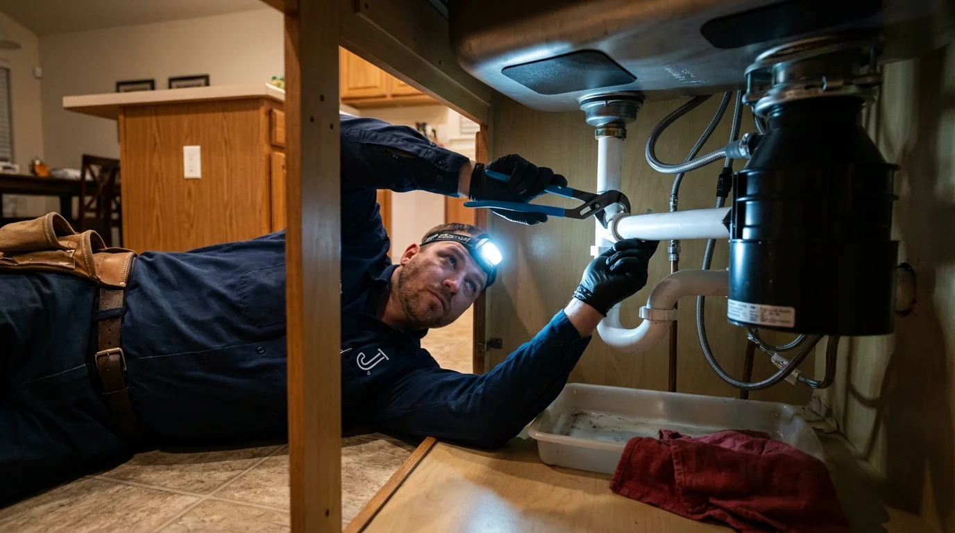 P-trap and supply line connections under a kitchen sink showing a common leak point in Belle Chasse, LA